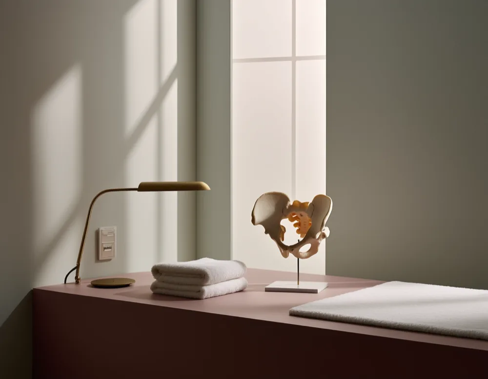 An anatomical model of the pelvis on a shelf beside folded towels and a brass lamp.