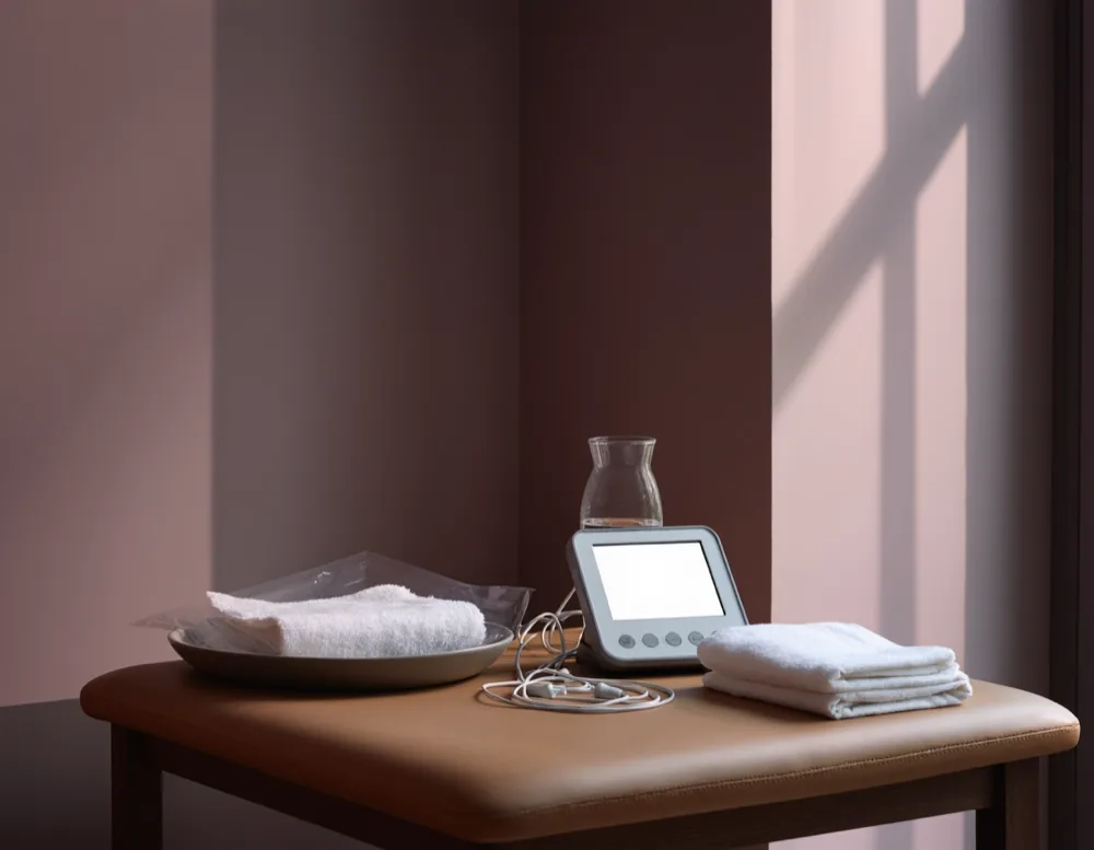 An EMG biofeedback unit with coiled sensor cables on a side table, next to folded towels and a carafe of water.