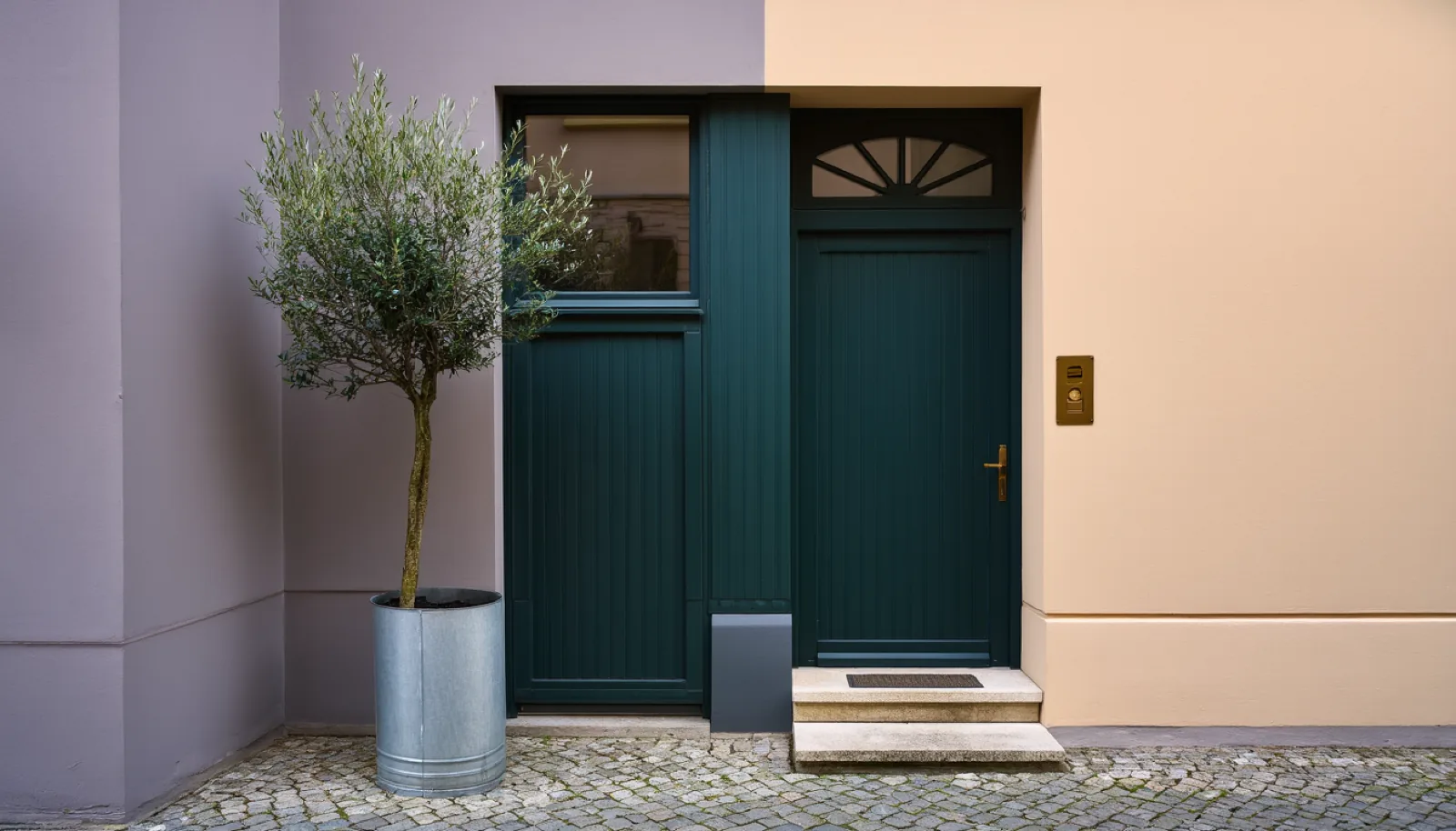 The street entrance of the practice building: a dark green timber door with a fanlight and an unmarked brass bell plate.
