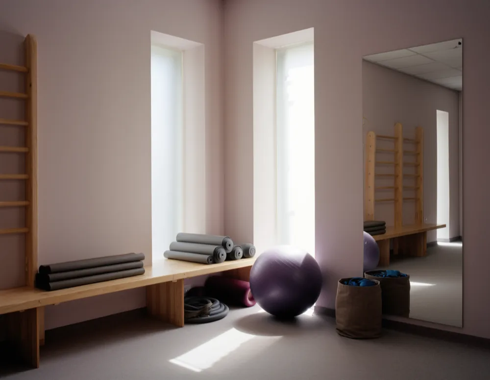 The movement room: rolled mats on a low bench, exercise balls, resistance bands and wooden wall bars.