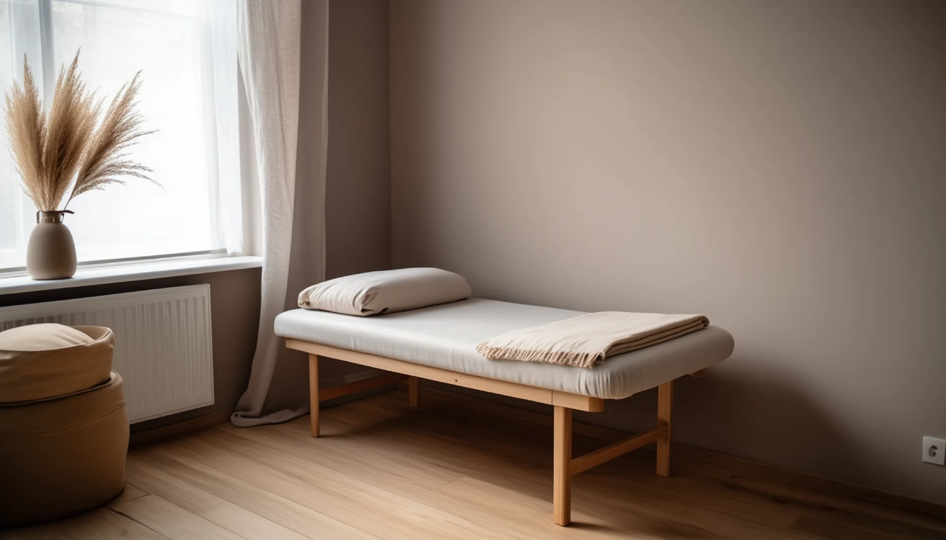 A treatment room at Praxis Pelvia: a linen-covered couch with a folded blanket beside a curtained window.